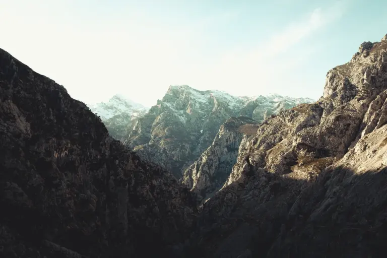 A shadow-filled Himalayan mountain valley